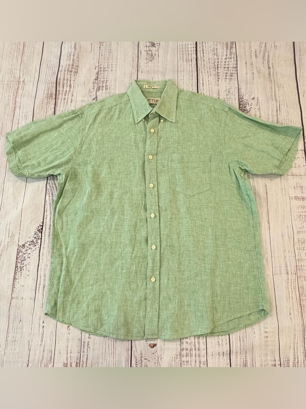 Orvis 100% Linen Men’s XL Short Sleeve Button Down Shirt Green Check Vintage 90s